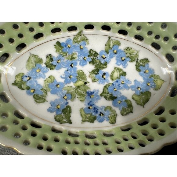 Antique Hand-Painted Porcelain Reticulated Serving Tray With Blue Floral Design - Picture 4 of 11